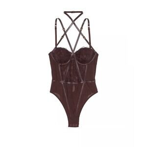 New!‎ Victoria's Secret XL Logo Embroidery Balconette Faux Leather Trim Teddy